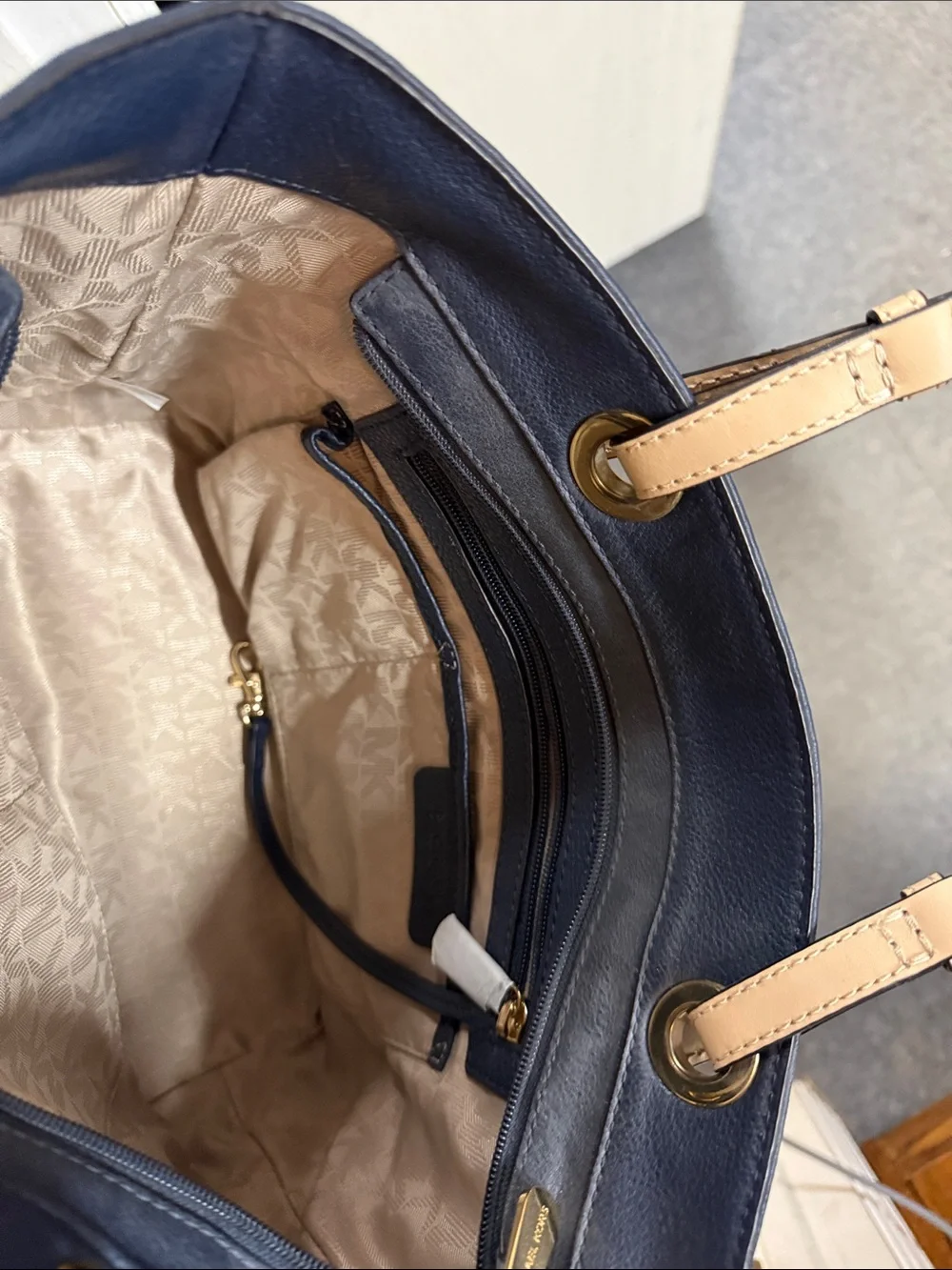 Michael Kors Navy Leather Tote with Beige Straps